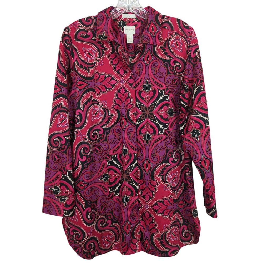 Chico's Vibrant red purple Blouse sz 1 sz M Button up Paisley Print Cotton
